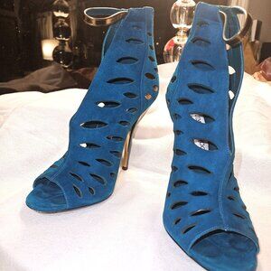 Jimmy Choo Aegean turquoise blue suede stiletto sandal gold heel 40.5 free ship